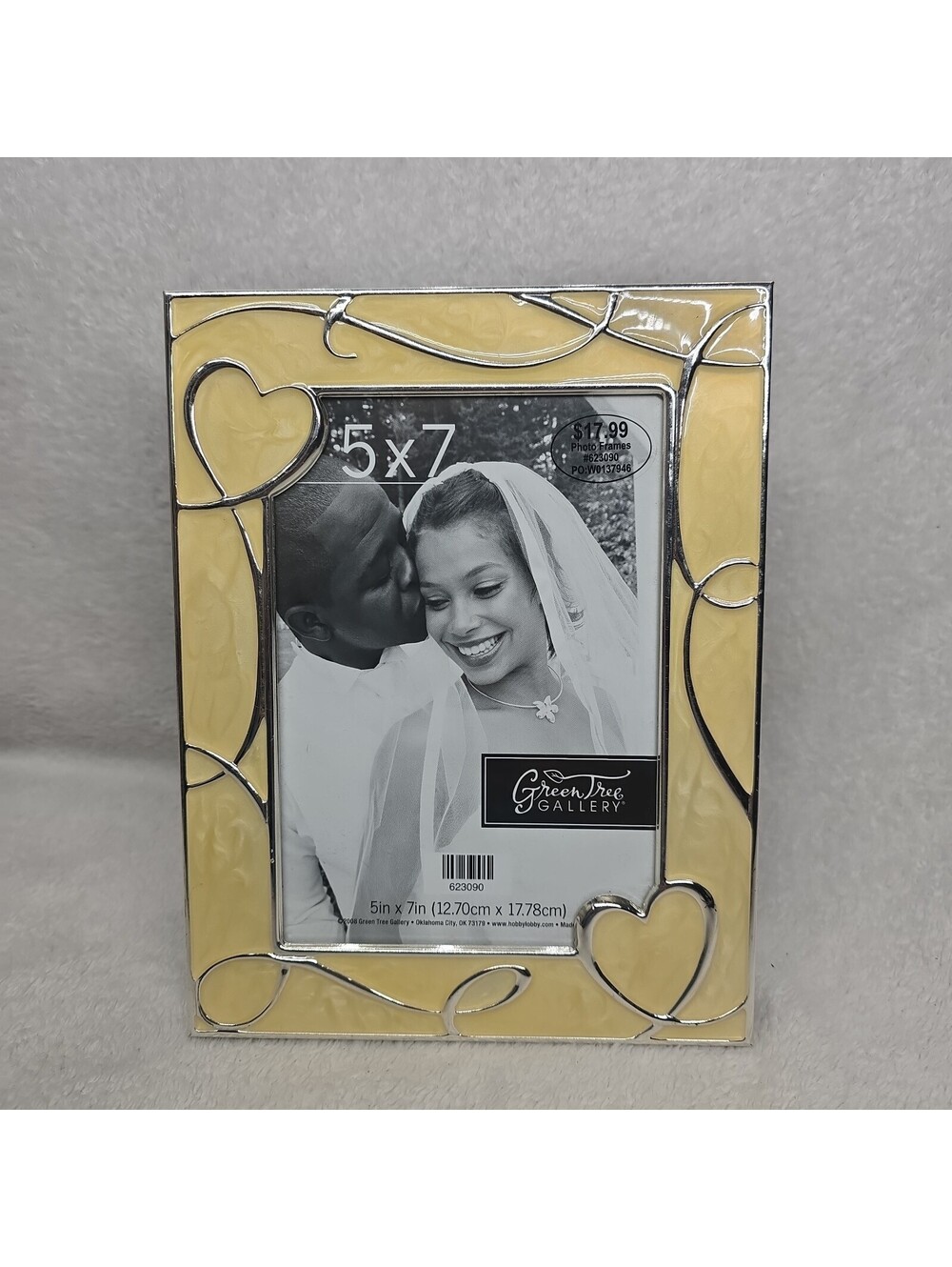 Enameled Metal Photo Frame With Hearts Yellow/Gold 5x7” Wedding Causal NEW